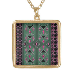 Birds and grapes green and pink kilim pattern gold plated necklace