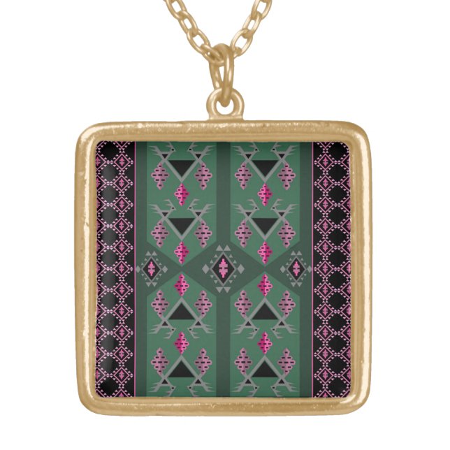 Birds and grapes green and pink kilim pattern gold plated necklace (Front)