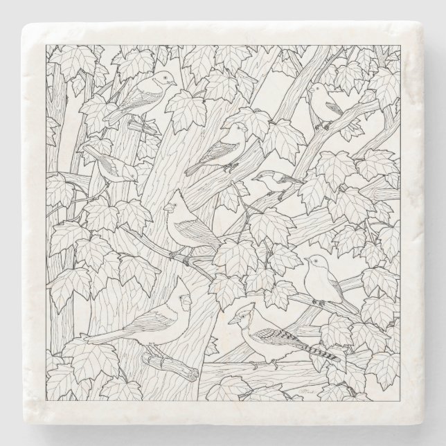 Birds and Maple Tree U-Color Stone Coaster (Front)