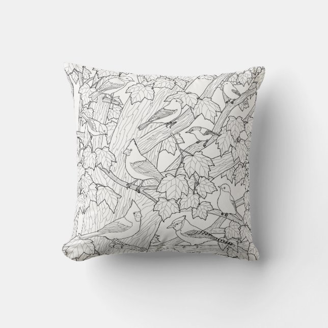 Birds and Maple Tree U-Paint Fabric Throw Pillow (Front)