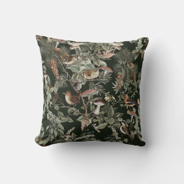 Birds and Mushrooms Woodland Throw Pillow (Front)