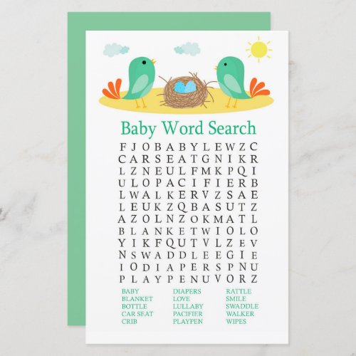 Birds and nest Baby Shower Word Search Game