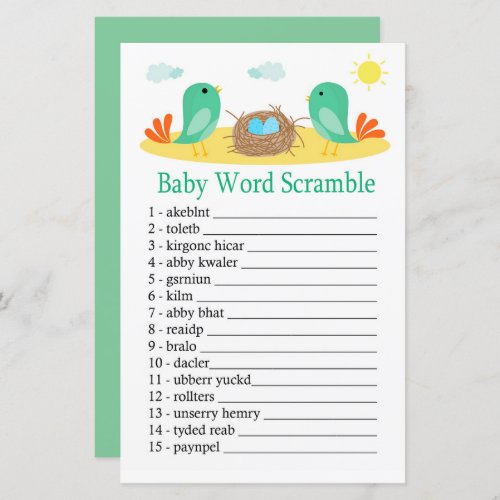 Birds and nest Baby word scramble game