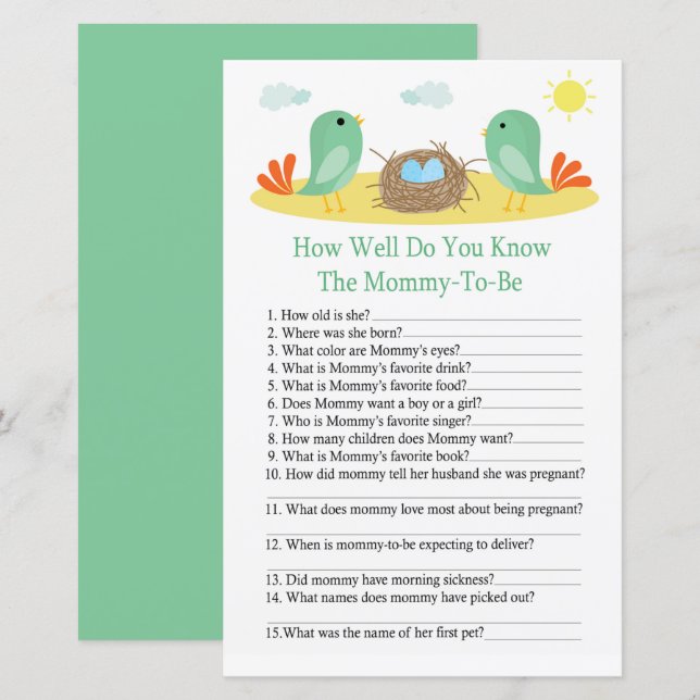 Birds and nest How well do you know baby shower (Front/Back)