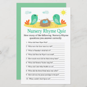 Birds and nest Nursery Rhyme Quiz baby shower game