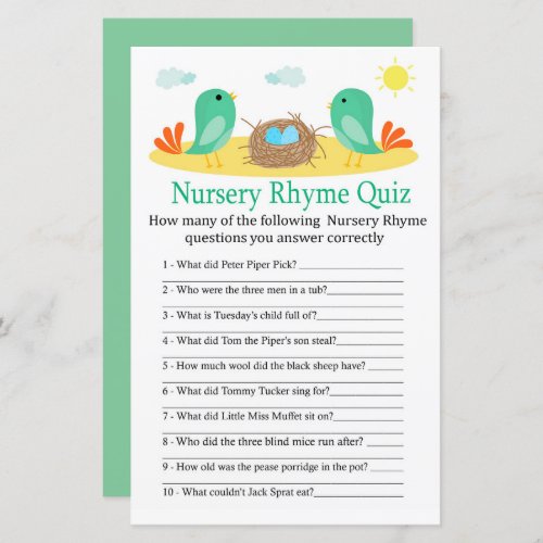 Birds and nest Nursery Rhyme Quiz baby shower game