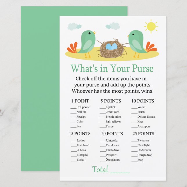 Birds and nest What's in your purse game baby show (Front/Back)