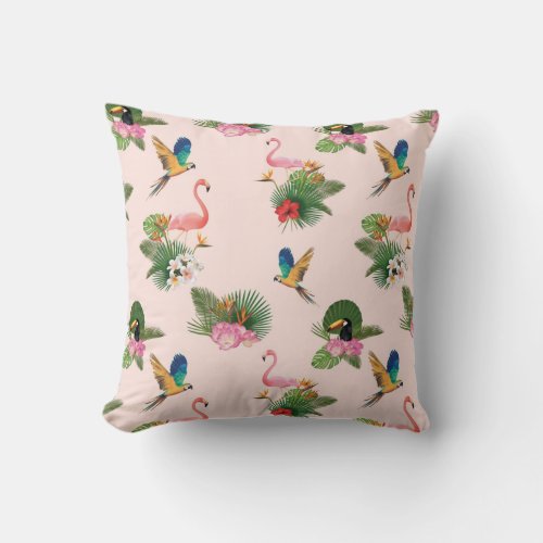 Birds and Palm Tree Leaves Pattern Throw Pillow