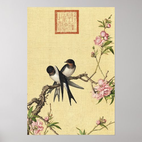 Birds And Peach Blossoms by Giuseppe Castiglione Poster