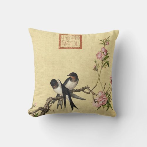 Birds And Peach Blossoms by Giuseppe Castiglione Throw Pillow
