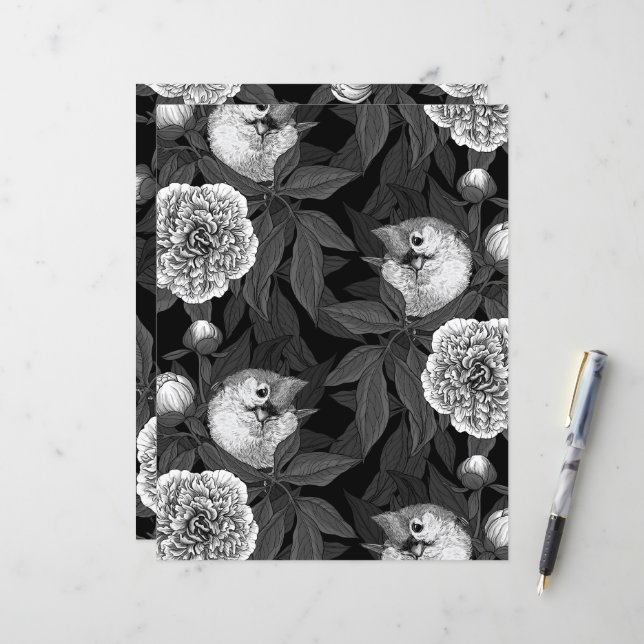 Birds and peony flowers monochrome, gray (Front/Back In Situ)