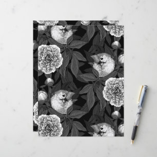 Birds and peony flowers monochrome, gray