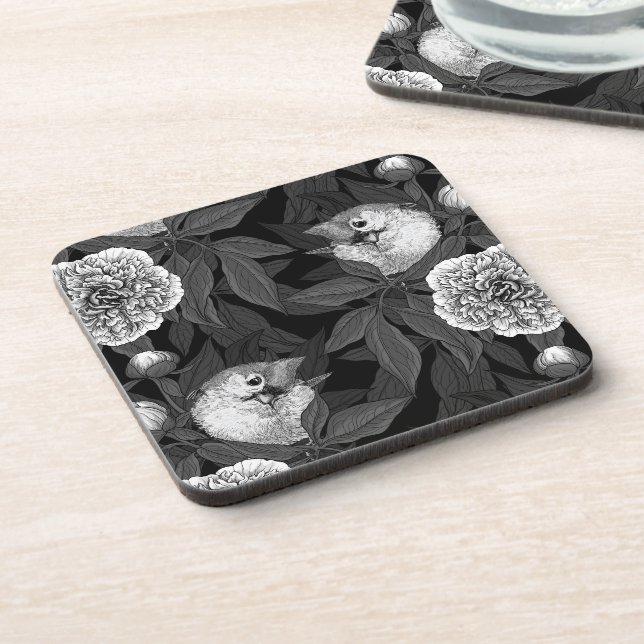 Birds and peony flowers monochrome, gray beverage coaster (Left Side)