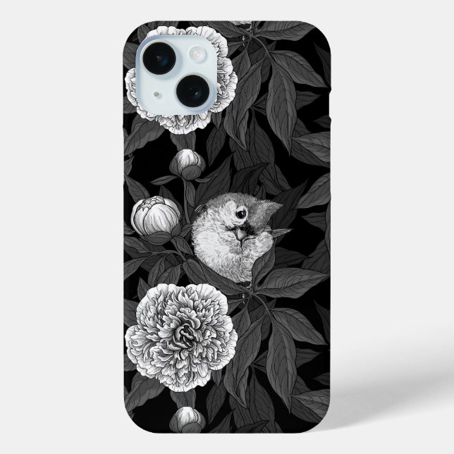Birds and peony flowers monochrome, gray Case-Mate iPhone case (Back)