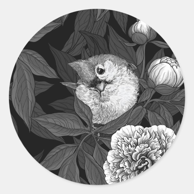 Birds and peony flowers monochrome, gray classic round sticker (Front)