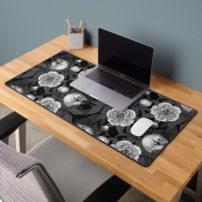 Birds and peony flowers monochrome, gray desk mat (Office 2)