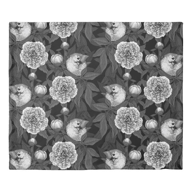Birds and peony flowers monochrome, gray duvet cover (Front)