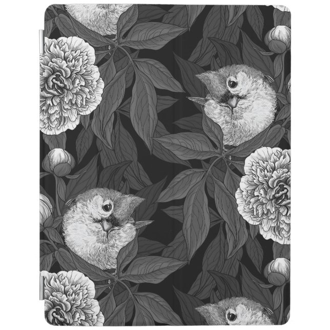 Birds and peony flowers monochrome, gray iPad smart cover (Front)