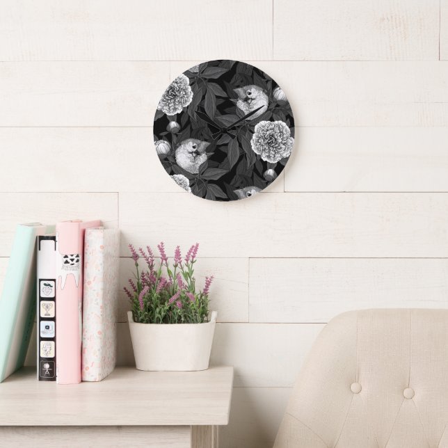Birds and peony flowers monochrome, gray large clock (Reading Room)