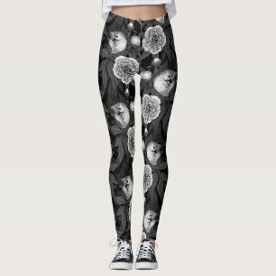 Birds and peony flowers monochrome, gray leggings