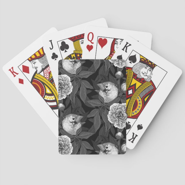 Birds and peony flowers monochrome, gray poker cards (Back)