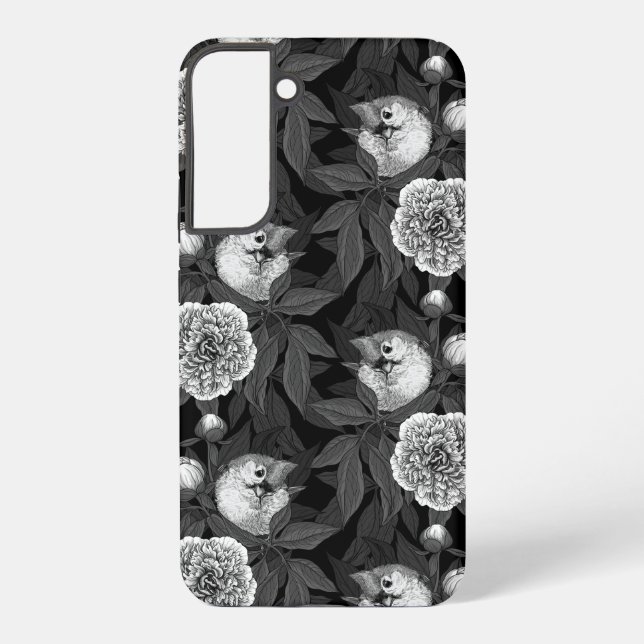 Birds and peony flowers monochrome, gray samsung galaxy case (Back)