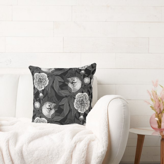 Birds and peony flowers monochrome, gray throw pillow (Couch)