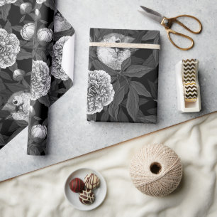 Birds and peony flowers monochrome, gray wrapping paper