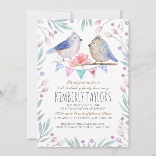 Birds and Pink Flowers Woodland Birthday Party Invitation