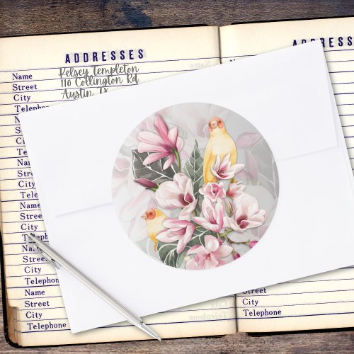 Birds and Pink Magnolia Blossoms Classic Round Sticker