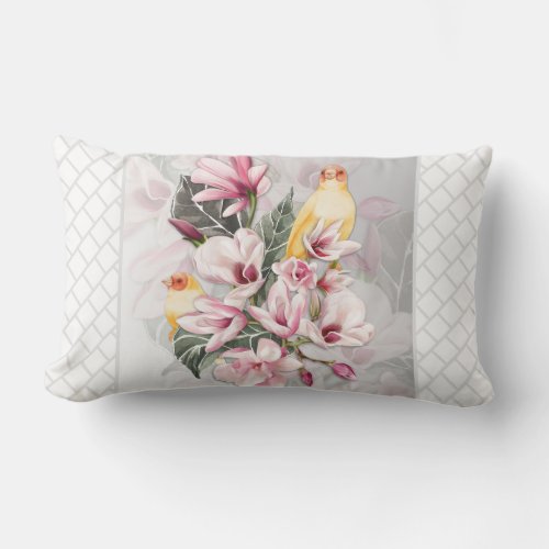 Birds and Pink Magnolia Blossoms Lumbar Pillow