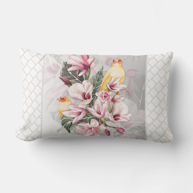 Birds and Pink Magnolia Blossoms Lumbar Pillow (Front)