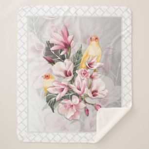 Birds and Pink Magnolia Blossoms Sherpa Blanket