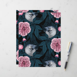 Birds and pink peony flowers with leaves