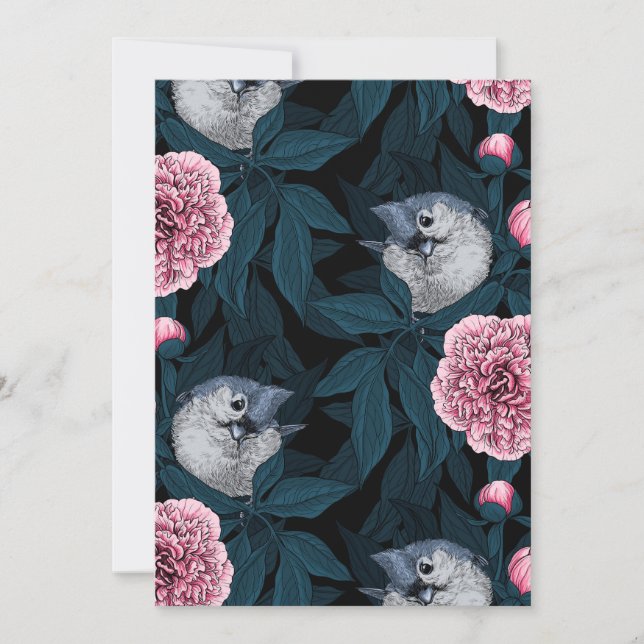 Birds and pink peony flowers with leaves (Front)