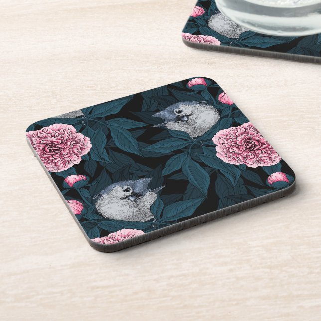 Birds and pink peony flowers with leaves beverage coaster (Left Side)