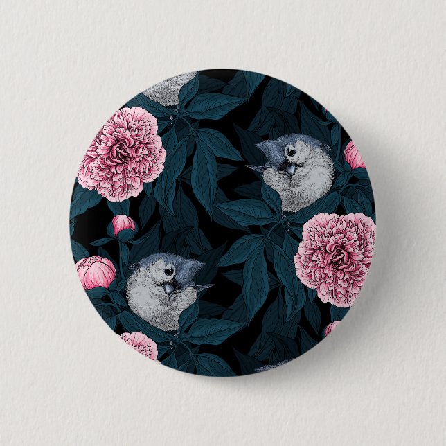 Birds and pink peony flowers with leaves button (Front)