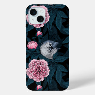 Birds and pink peony flowers with leaves iPhone 15 plus case