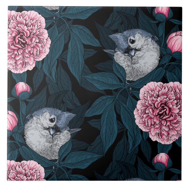 Birds and pink peony flowers with leaves ceramic tile (Front)