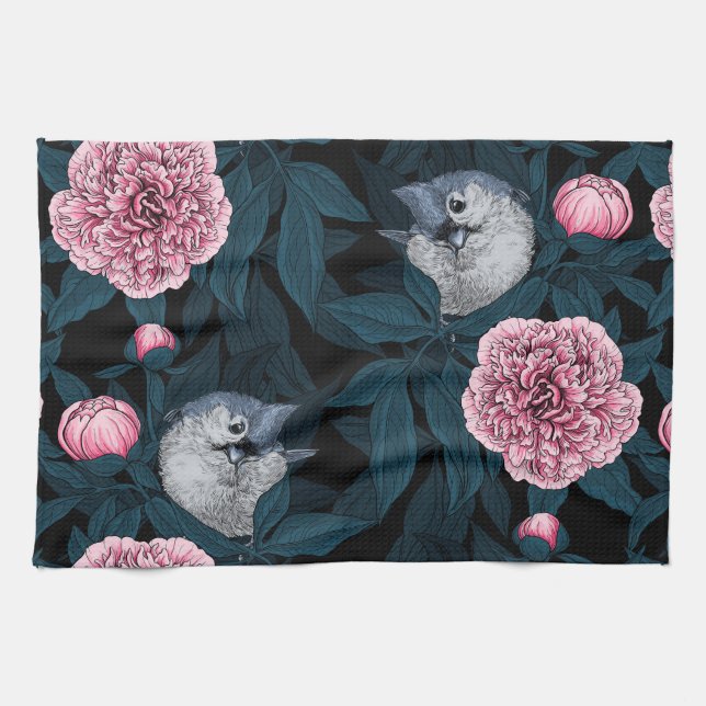 Birds and pink peony flowers with leaves kitchen towel (Horizontal)