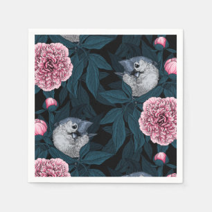 Birds and pink peony flowers with leaves napkins