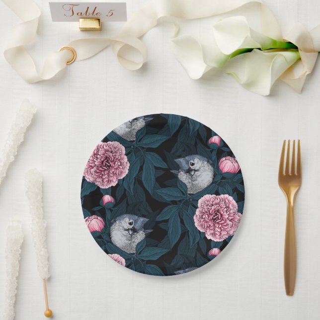 Birds and pink peony flowers with leaves paper plates (Wedding)