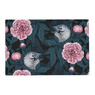 Birds and pink peony flowers with leaves placemat