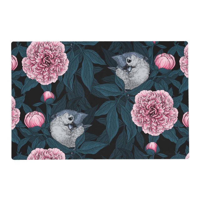 Birds and pink peony flowers with leaves placemat (Front)