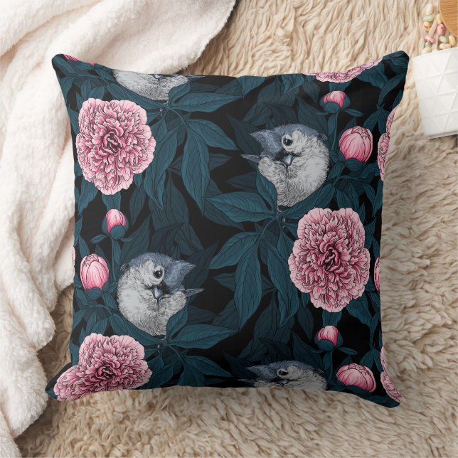 Birds and pink peony flowers with leaves throw pillow (Blanket)
