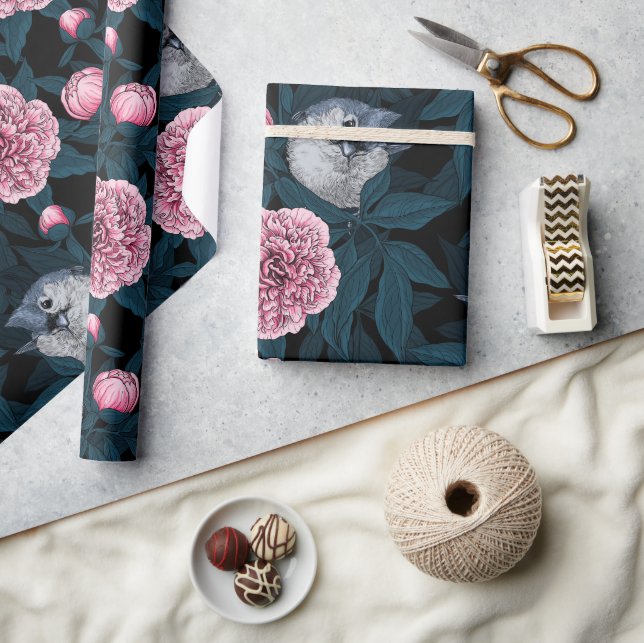 Birds and pink peony flowers with leaves wrapping paper (Crafts)