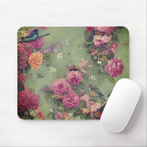 Birds and Pink Roses Vintage Floral Sage Green Mouse Pad