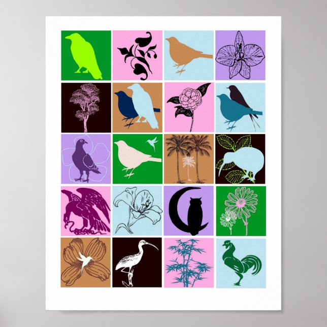 Birds and Plants Silhouette Animal Collage Art Poster (Front)