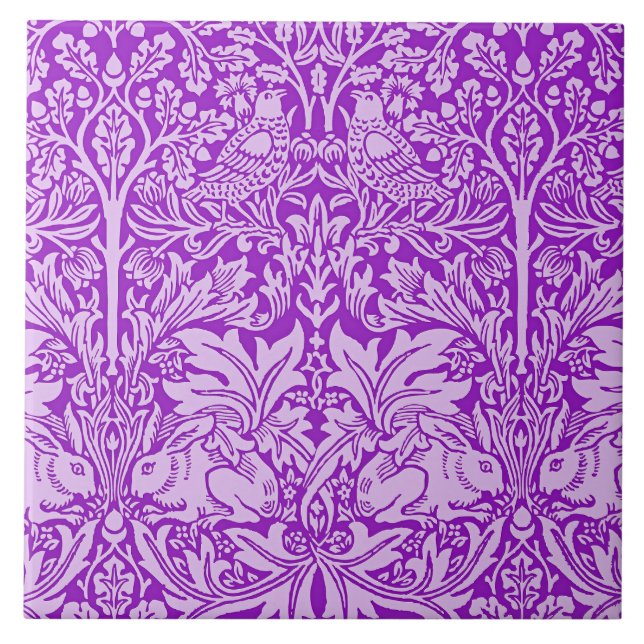 Birds and Rabbits design, colorful lavender, Ceramic Tile (Front)