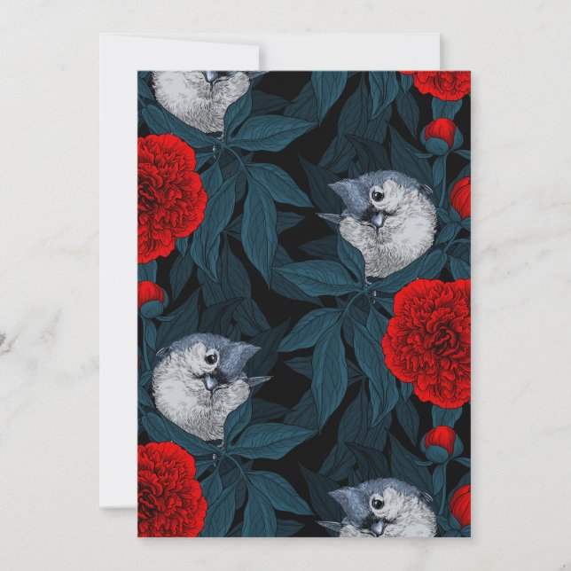 Birds and red peony flowers with blue leaves (Front)